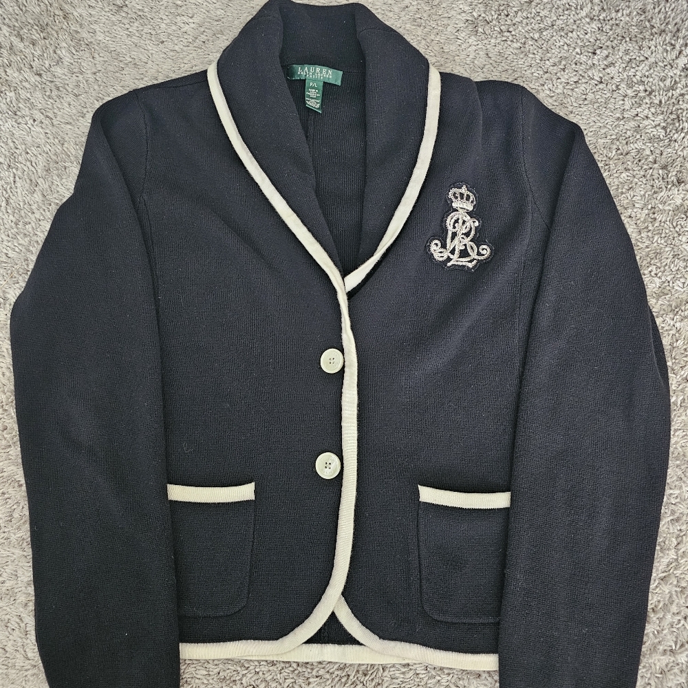 Vintage Lauren Ralph Lauren Black Cardigan with Cream Trim Dark Academia Preppy